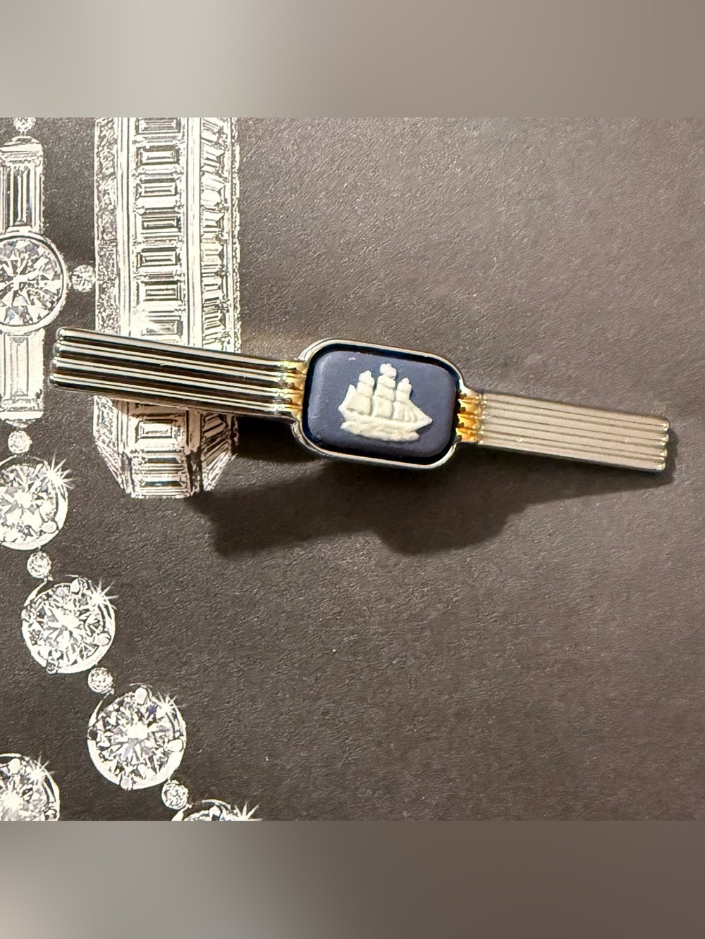 Wedgwood Blue Jasperware Ship Cameo Tie Bar with Silver-Tone Stripes- No box